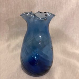 Vintage cobalt blue illusion glass vase with a ruffle top